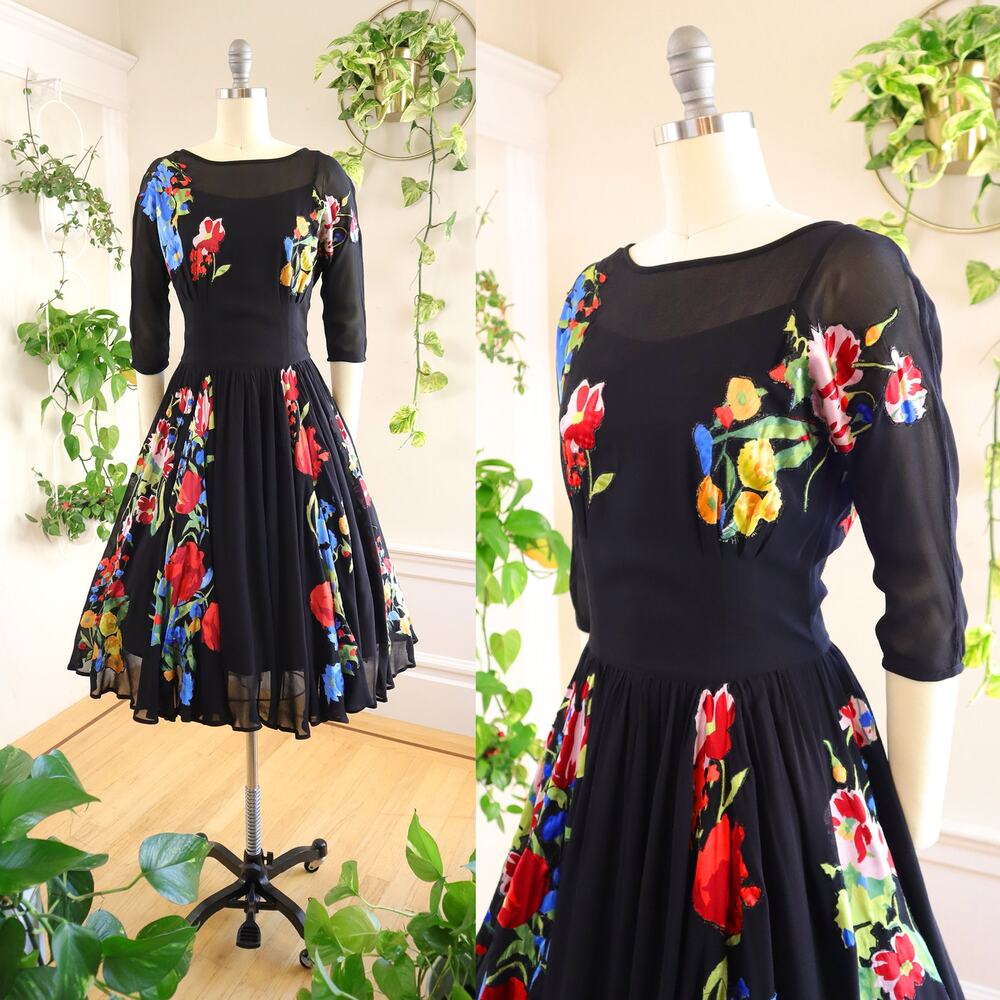TOP SHOP 1950s Vintage Style Floral Appliqué Dress Modern Black Fit Flare Party